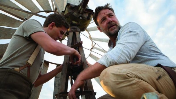 On set: Ryan Corr, left,  as Art and Russell Crowe as Joshua Connor fix a windmill.