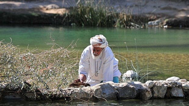 A man in a waterpool in Wadi Bani Khalid, Oman.