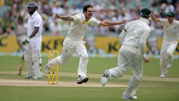 Mitchell Johnson celebrates dismissing England captain Alastair Cook in the second Test at the Adelaide Oval.