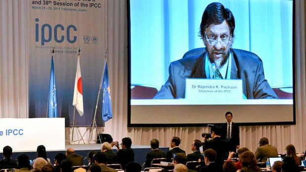 IPCC chairman Rajendra Pachauri is projected onto a screen at the opening session of the 10th plenary of the IPCC Working Group II in Yokohama.