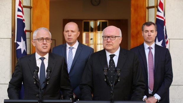 Prime Minister Malcolm Turnbull announced Peter Dutton, second from left, will become the Minister for Home Affairs.