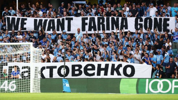 Signs of trouble: A section of Sydney FC fans make their feelings very clear on Saturday night.