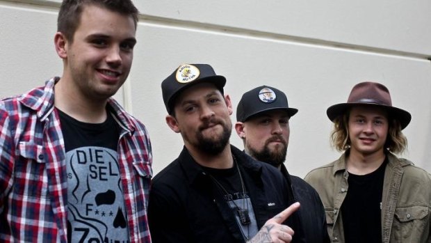 <I>The Voice</I> judges Joel and Benji Madden with finalists Joe Moore (left) and Nathan Hawes.
