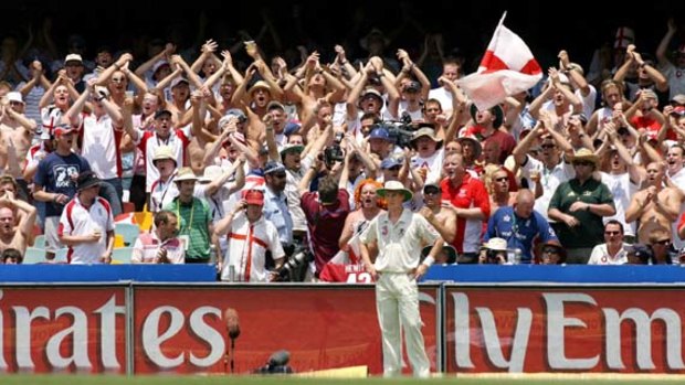 In full voice ... the Barmy Army surrounds Brett Lee during the last Ashes series in Australia in 2006/07.