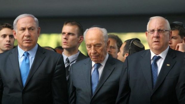 The leaders of Israel: (from left) Prime Minister Benjamin Netanyahu, retiring President and Nobel laureate Shimon Peres, and new President Reuven Rivlin.