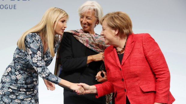 Ivanka Trump, International Monetary Fund (IMF) Managing Director Christine Lagarde and German Chancellor Angela Merkel.