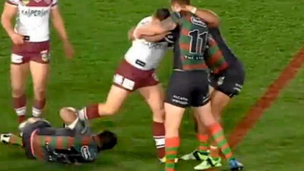 The crocodile roll: Jeff Lima's controversial tackle on Anthony Watmough in the round 23 clash between Souths and Manly.