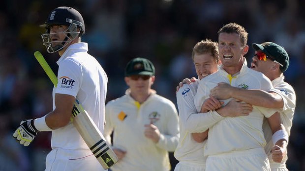 Big hit: Peter Siddle dismisses Kevin Pietersen on day two of the Third Ashes Test in Perth.