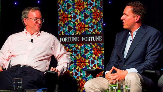 Head to head ... Google's ERic Schmidt, left, and PayPal's Peter Thiel, right.