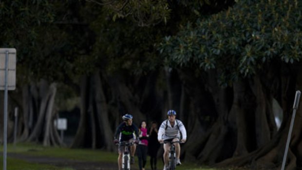 Cyclists use the footpath and cycleway on Anzac Parade, Moore Park yesterday.