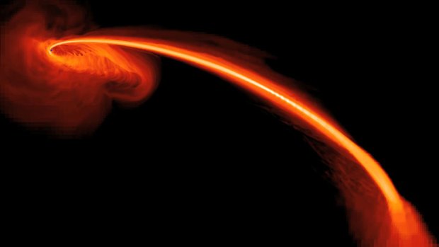 A computer-simulated image showing gas from a tidally shredded star falling into a black hole.