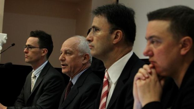 Ray Finkelstein (second from left) with other members of the panel of the independent inquiry into media and media regulation, from left Chris Young, Professor Matthew Ricketson and Kristen Walker.
