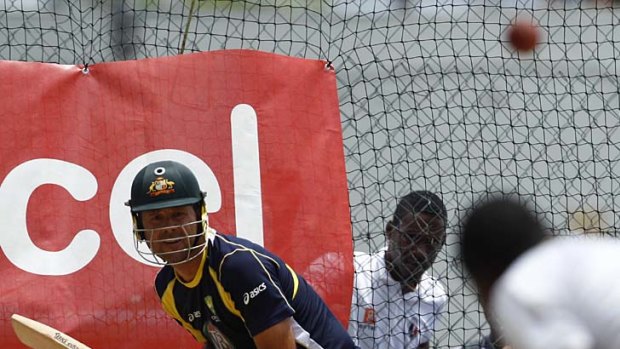 Searching for runs ... Ricky Ponting bats in the net in Port of Spain.