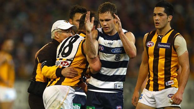 Brent Guerra remonstrates with Joel Selwood.