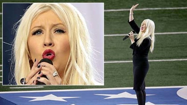 Super Bowl slip up ... Christina Aguilera performs.