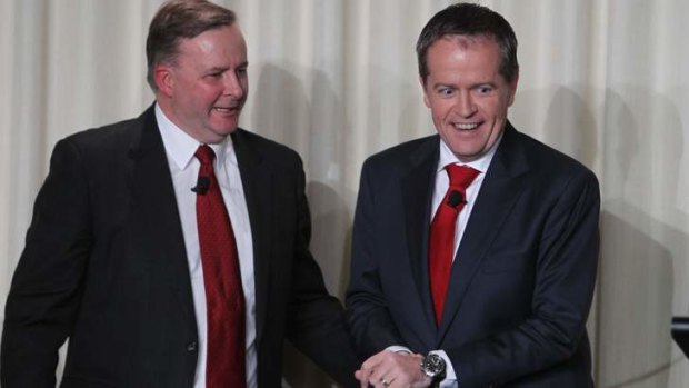 The contenders: Anthony Albanese and Bill Shorten at the first leadership debate before party members.