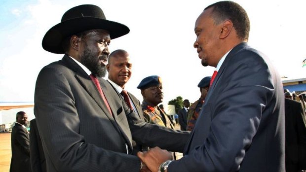 Ceasefire talks: South Sudanese President Salva Kiir, left, shakes hands with Kenyan President Uhuru Kenyatta during a visit to Juba this week. 