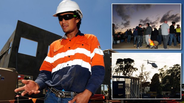 Jessie Marcilang, 31, from the Philippines, is working at the City West Water Western Treatment Plant at Werribee using a 457 visa. Locals picket the site (inset top), while  workers are flown in by helicopter (bottom).