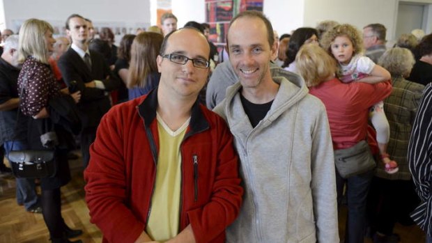 Andrew and Shane from Gympie in Queensland gathered with Canberrans at the ACT Legislative assembly for the beginning of the same sex marriage bill debate.