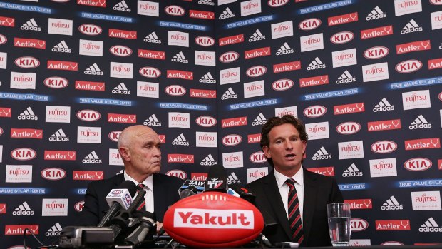 Essendon chairman Paul Little and coach James Hird address the media during the supplements saga. 