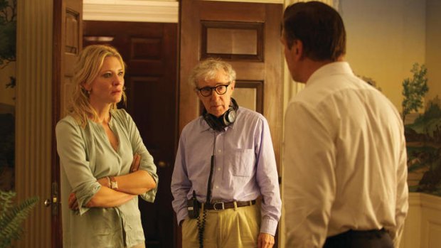 Cate Blanchett and Alec Baldwin on the set of<i> Blue Jasmine</i> with director Woody Allen.