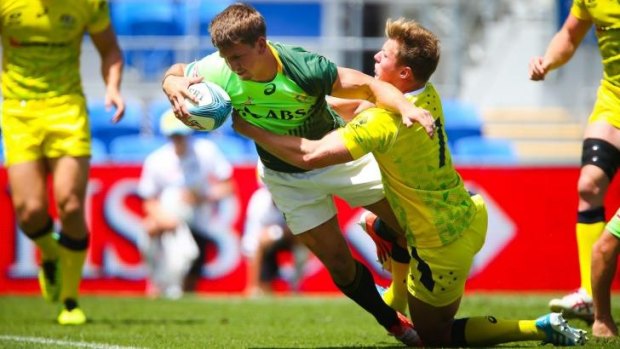 South Africa's Kwagga Smith bundles over for a try against Australia.