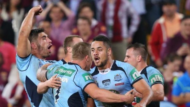 The power of one: Jarryd Hayne and the Blues celebrate victory.