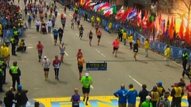 An NBC screen grab of the Boston Marathon explosion last year.
