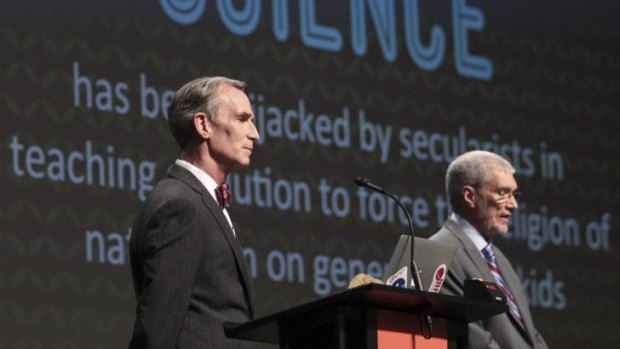 Own goal? Popular scientist Bill Nye, left, debating with Answers In Genesis' Ken Ham.