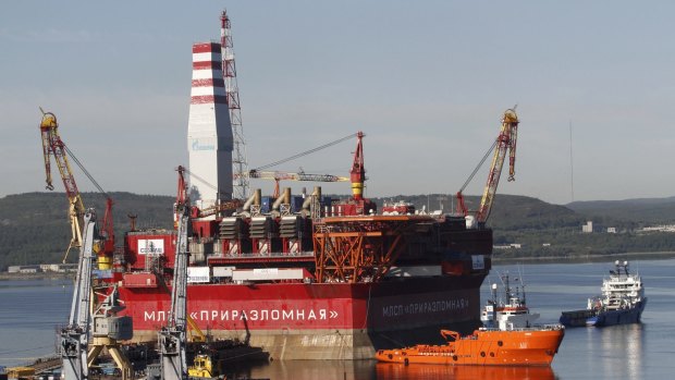 The Prirazlomnaya platform is towed from Murmansk to an oilfield in the Pechora Sea, northern Russia. 