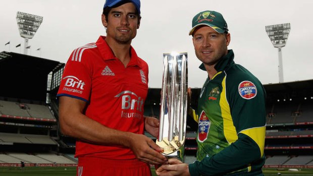 Return to the fray: Rival captains Alastair Cook and Michael Clarke with the one-day series trophy at the Melbourne Cricket Ground on Saturday.