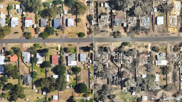 Photos from nearmap show what the blaze did to Eastcott Street in Yarloop.