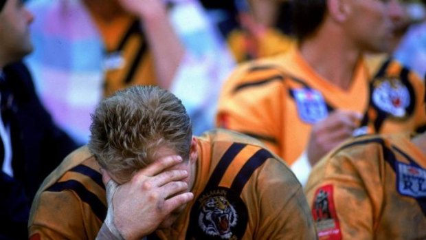 Balmain great Paul Sironen can't look as the Tigers lose the 1989 Grand Final.