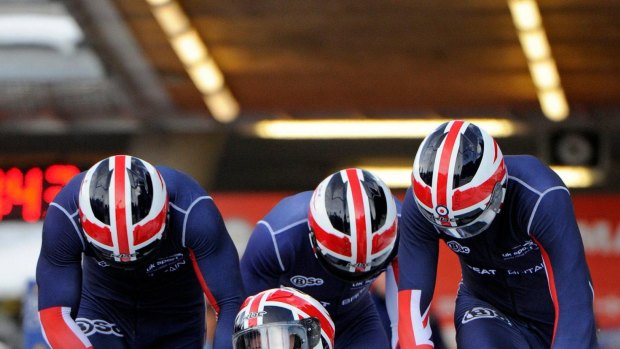 Britain's four-man bobsleigh team at the World Cup at the Igls track in 2013.