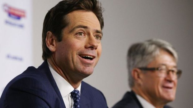 Gillon McLachlan and AFL Commission chairman Mike Fitzpatrick at the media conference when McLachlan's appointment was announced.