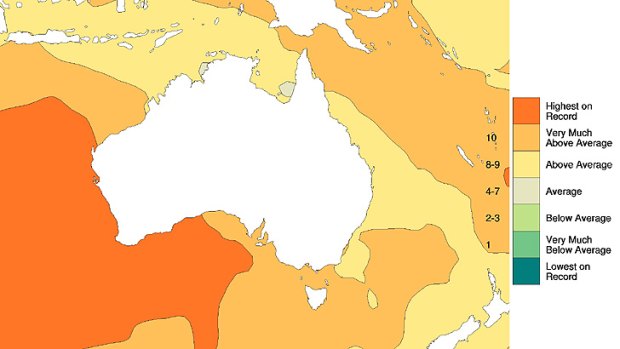 Sea-surface temperatures over past three years. Source: BoM.
