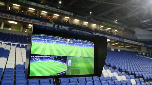 Controversial: A view of the Video Assistant Referee (VAR) system pitchside, which was used in the English FA Cup.