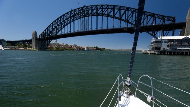 Sail away: Sydney Harbour Bridge from the bow of a yacht.