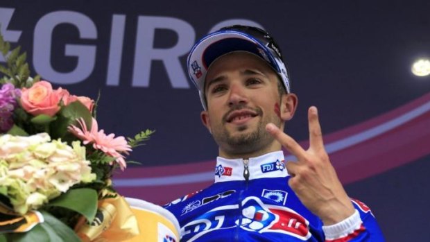 Seven heaven: France's Nacer Bouhanni  after winning the seventh stage of the Giro.
