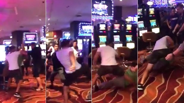 The group of men entered in a vicious brawl near the Crown Casino Sports bar.