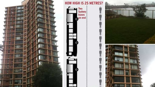 The  Darling Point unit where the balcony stunt backfired, and the grass he  landed on.