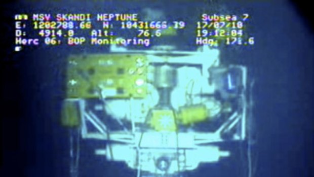The new containment capping stack in an image captured from a BP live video feed in the Gulf of Mexico, July 17, 2010.