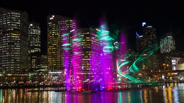 Darling Harbour's Laser Water Fountain at Vivid.