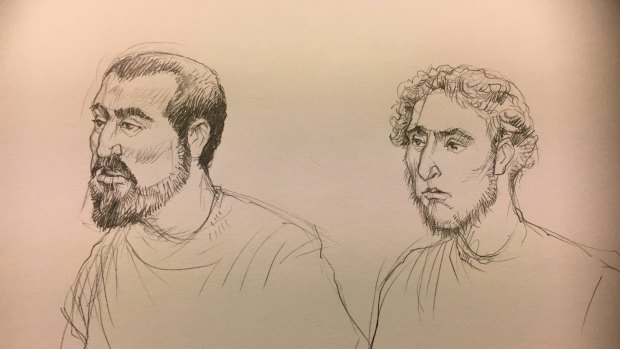 An artist's sketch of Hamza Abbas, on left, and Ahmed Mohamed facing the Melbourne Magistrates Court.