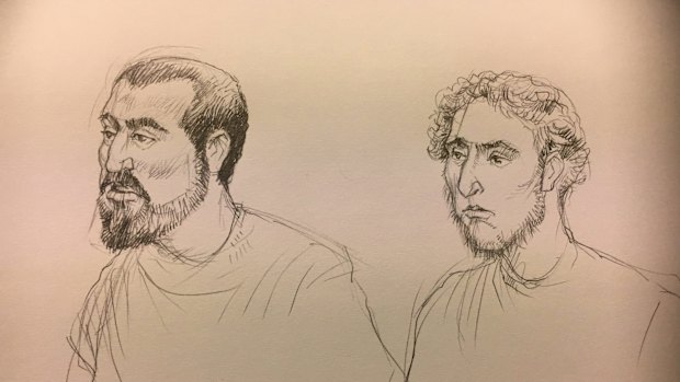 An artist's sketch of Hamza Abbas, on left, and Ahmed Mohamed facing the Melbourne Magistrates Court.