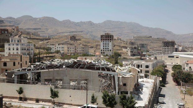 A destroyed funeral hall is seen after it was hit by a Saudi-led airstrike in Sanaa, Yemen. 