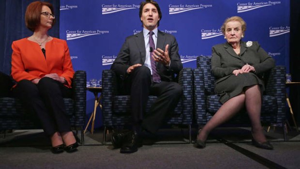 Former Australian Prime Minister Julia Gillard, Canadian Parliament Liberal Party member Justin Trudeau and former Secretary of State Madeleine Albright participate in a panel discussion during a conference commemorating the 10th anniversary of the Center for American Progress in Washington, DC.