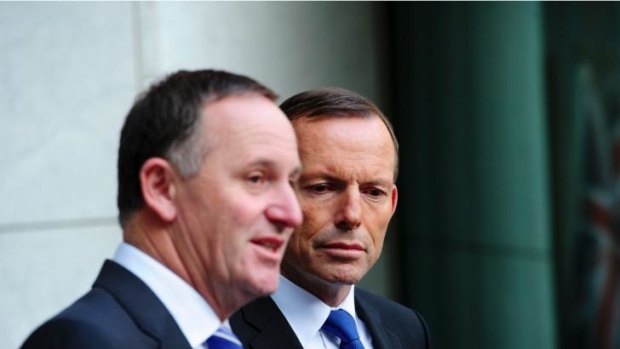 Prime Minister Tony Abbott with New Zealand Prime Minister John Key. A party set up to lobby for Kwis living overseas has been denied registration in time for the NZ election. 
