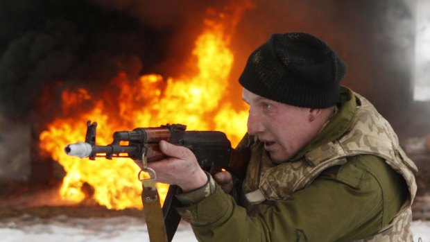 A newly mobilised Ukrainian soldier in training.