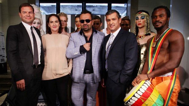 All dressed up ... Napoleon Perdis (centre, in sunnies) with DJs chief executive Paul Zahra to his left.